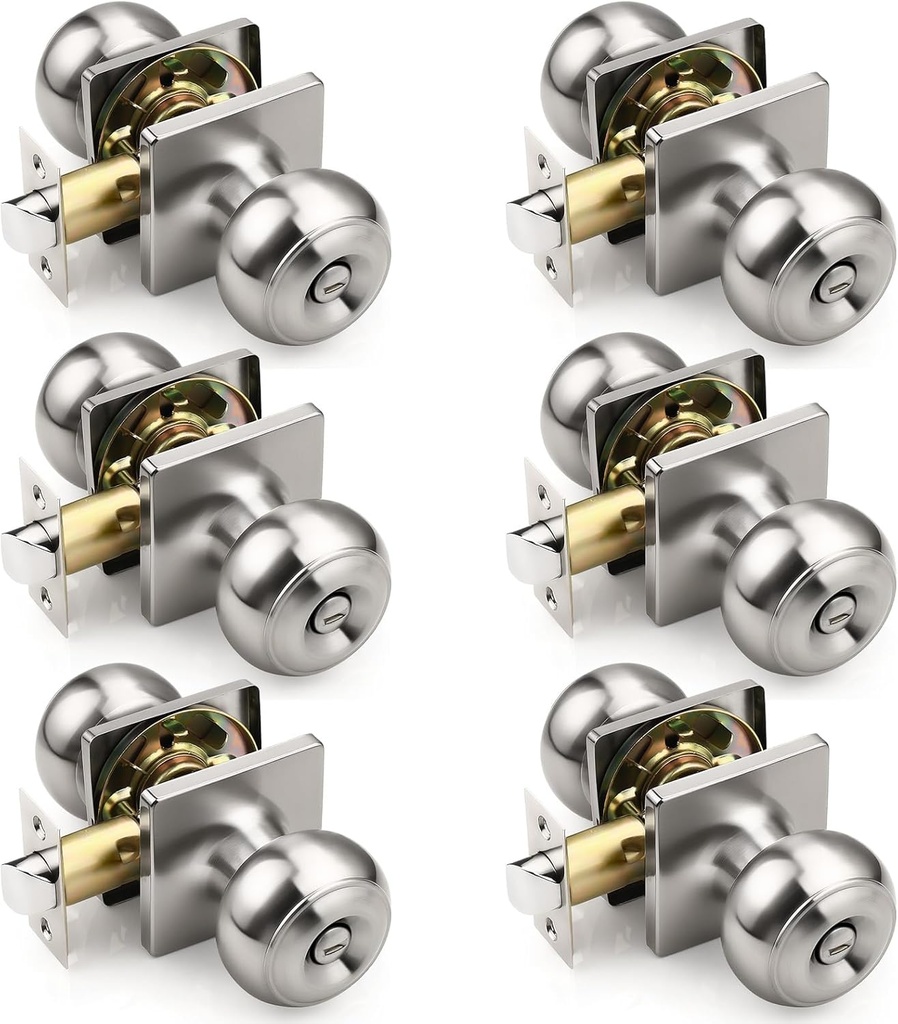 KNOBWELL Brushed Nickel Interior Door Knobs, Keyless Privacy Door Knob for Bedroom Bathroom, Stainless Steel Indoor Door Knobset, Square Rosette, 6 Pack