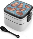 Bento Box Stackable Lunch Box with 2 Compartments Leak-Proof Food Storage Containers Animal Cute Brown Otters Bento Lunch Box for Adults Lunch Containers with Utensil Set, Black