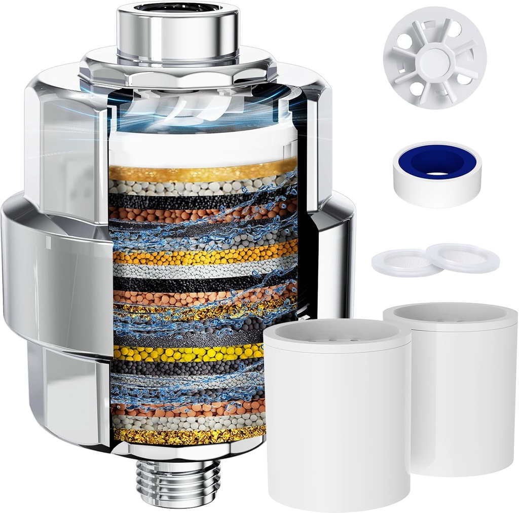 Shower Filter, EMBATHER 20 Stage Shower Head Filter for Hard Water Remove Chlorine/Fluoride/Heavy Metals,High Output Shower Softener Filter for Hair, 2 Cartridge –Polished Chrome