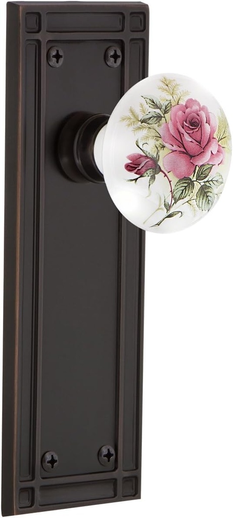 Nostalgic Warehouse Mission Plate Privacy White Rose Porcelain Door Knob in Timeless Bronze