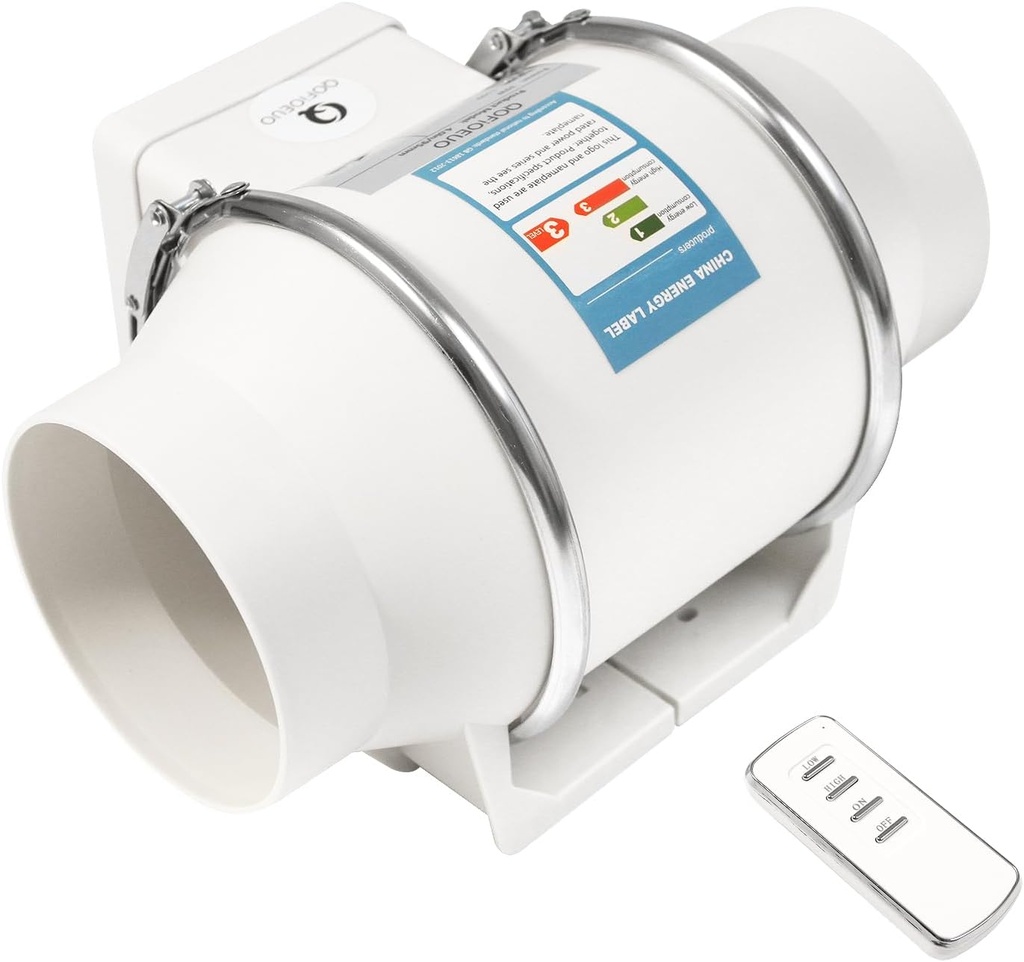 4 Inch Inline Exhaust Fan with Remote Control, 35W 220m³/H High Efficiency Air Flow Quiet Copper Motor for Bathroom, Kitchen, Grow Tent, Hydroponics, 3D Printer(4 Inch+Speed Controller)