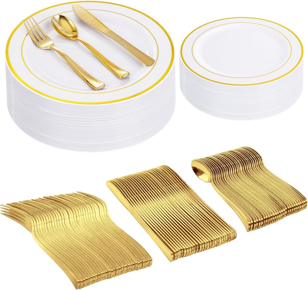 I00000 300 Pcs Gold Plastic Plates with Silverware, White and Gold Plastic Dinnerware Set for Party include: 60Dinner Plate 10.25", 60Dessert Plate 7.5", 60 Silverware Sets for christmas
