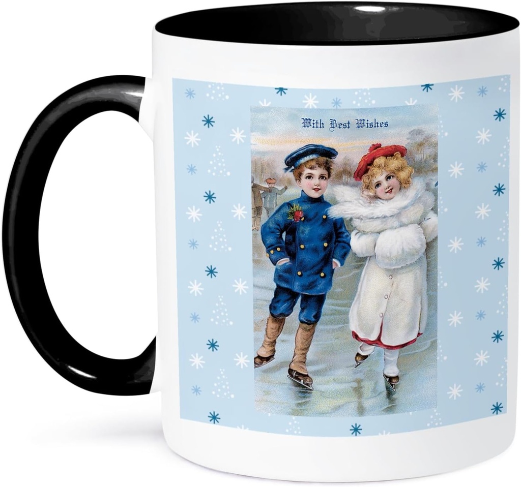 3dRose Vintage Christmas Card Young boy and Girl Iceskating With Best Wishes 11oz Two-Tone Black Mug