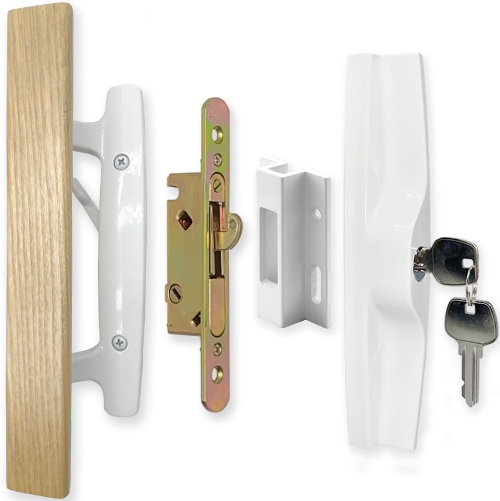Patio Sliding Patio Door Handle Set with Mortise Lock, Key Cylinder and Keeper, Wood Handle Lock Set Fits Door Thickness from 1-1/2" to 1-3/4", 3-15/16" Screw Hole Spacing, Keyed, White