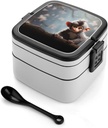 Cute Monkey Bento Box Double-Layer Bento Lunch Container with Spoon And Invisible Handle Adult Leak-Proof Lunchbox for Dining Out Work Picnics Travel