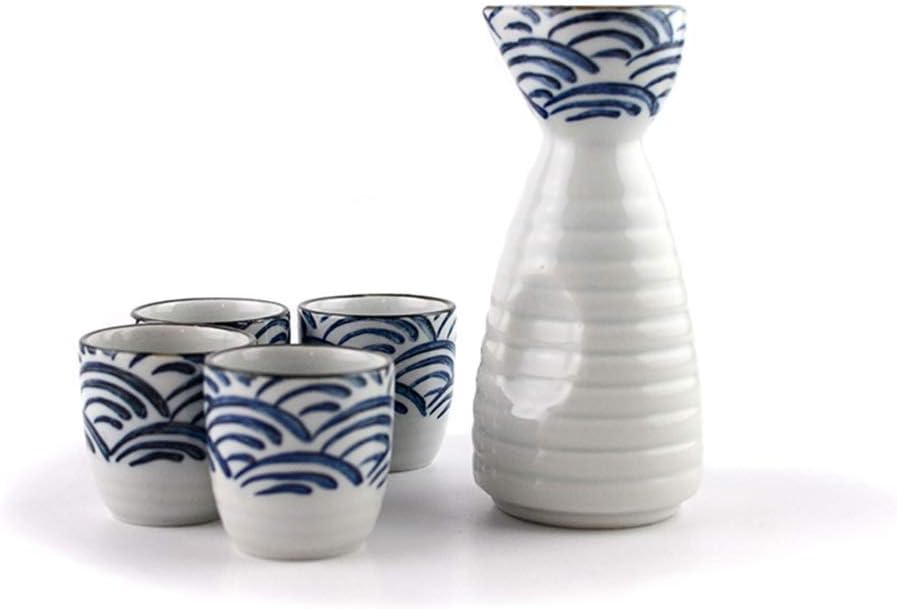 5 Piece Japanese Style Sake Set Traditional Ceramic Crafts—Sea Ripple Series Ideal for Japanese Sake