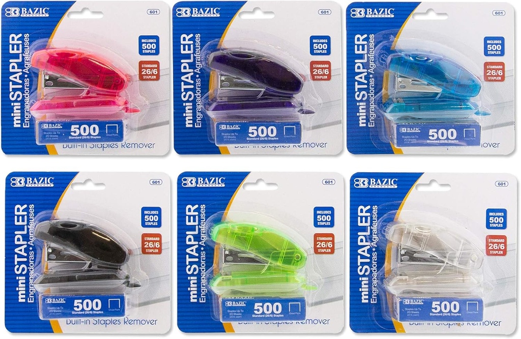 BAZIC Products Mini Stapler w/500 Staples, Standard (26/6) Built-in Staple Remover, Soft Grip 12 Sheets, Portable Small Staplers for Home Office School, 1 Unit, Random Color
