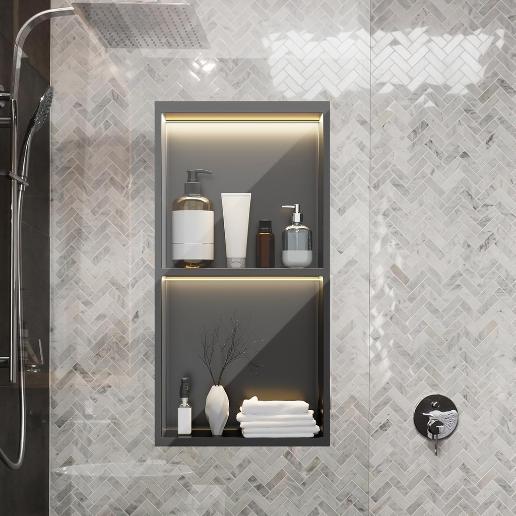 24 x 12 Inch LED Light Shower Niche Stainless Steel Niche No Tile Needed with Light Double Layer Recessed Wall Niche Insert Shower Niche Shower for Bathroom Storage(Black)