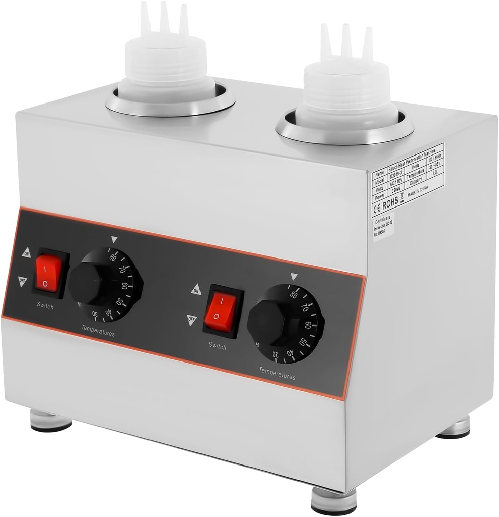 Electric Chocolate Sauce Warmer, 320W 110V Adjustable Temperature Toppings Bottle Hot Fudge Warmer with 2 Squeeze Bottle, 0.14Gal Single Bottle Hot Cheese Sauce Dispenser Jam Heat Preservation Machine