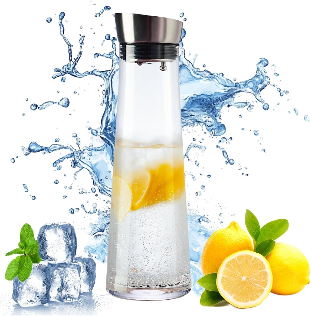 GLASKEY Glass Water Carafe with Lid,1200ml Glass Juice Pitcher with Stainless Steel Gravity Lid,Clear Water Pitcher for Ice Tea, Lemonade, Coffee,Juice Beverage,40 oz
