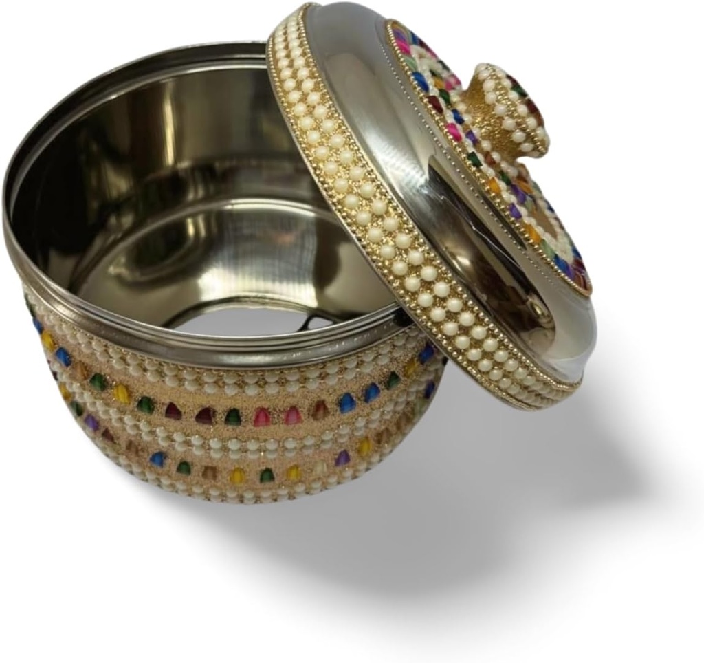 Decorative Steel Bread Storage Box/Chapati Box – 7.5 x 5 Inch Round Roti Container with Beaded Lid – Indian Handmade Roti Dabba for Kitchen & Dining