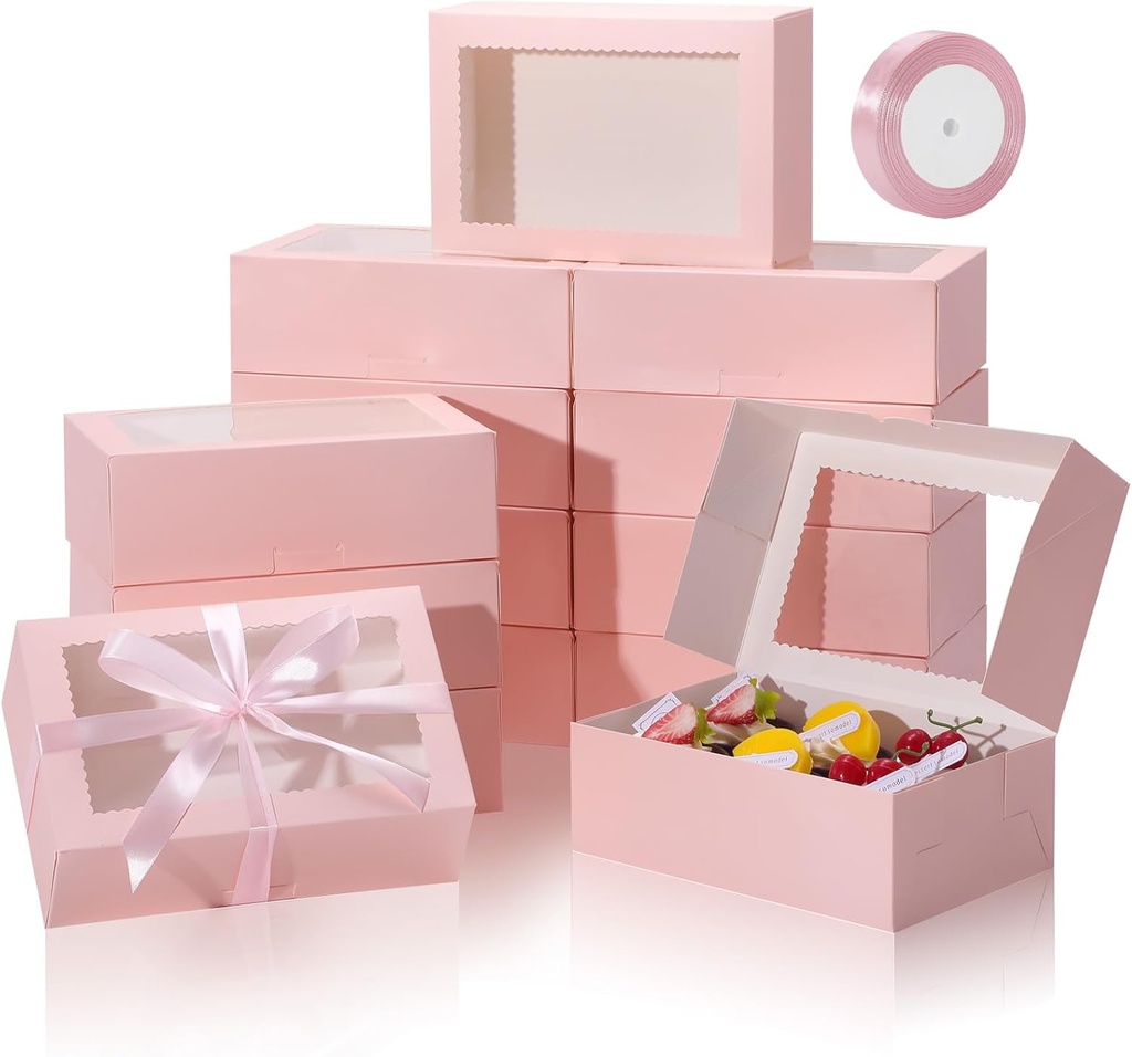 COTOPHER 10Pcs Cookie Boxes with Ribbons, 9x6x3 Inch Bakery Boxes with Window, Pink Treat Containers for Pastries, Chocolate Covered Strawberries, Dessert, Easter Candy, Muffins, Donuts