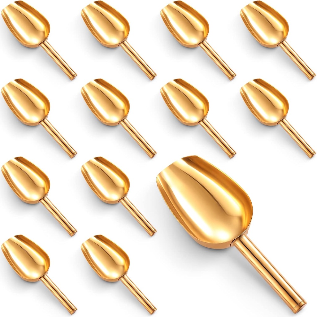 Roshtia 12 Pcs Gold Ice Scoops Stainless Steel Mini Scoop Candy Scoops for Kitchen Dispenser Buffet Jars, Scooping Coffee Bean, Sugar, Flour, Spice (5 oz)