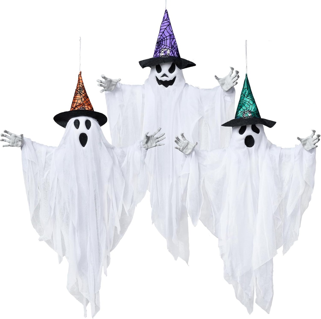 JOYIN 3 Pack 24.8" Halloween Hanging Ghost Decorations, Halloween White Flying Ghost with Hats for Haunted House Graveyard Scene, Spooky Indoor and Outdoor Decor