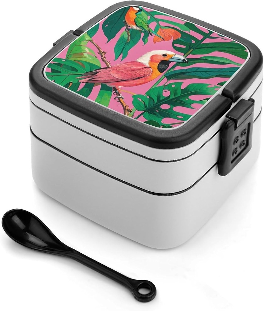 Tropical Birds Plant Leaf Bento Box with Spoon, 2-layer Stackable Lunch Box Leak Proof with Invisible Handle, Insulated Food Storage for Office, Picnic & Travel