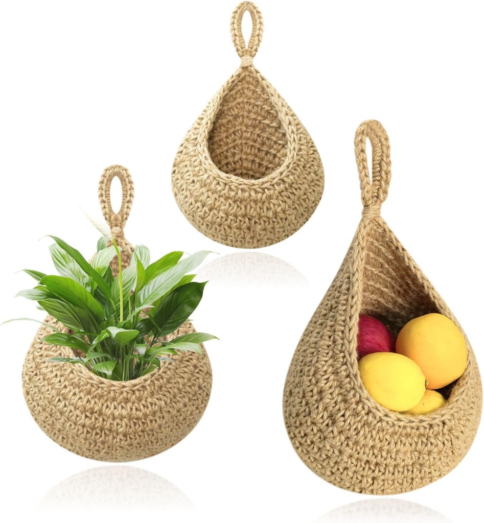 Hanging Baskets Set, 3 Pcs Boho Wall Hanging Basket with 6 Pcs Strong Hooks, Hand-Woven, Drop Molding, Used In Living Room or kitchen To Store Fruit and Vegetable And Potted Plants (Linen)