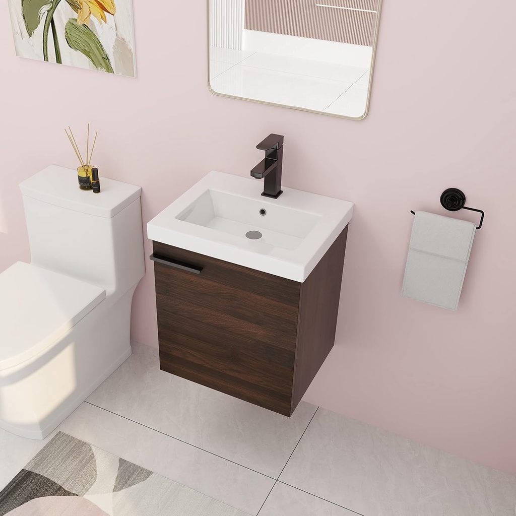 18" Bathroom Vanity with Sink, 18 Inch Floating Bathroom Vanity for Small Space, Modern Bathroom Vanity, Brown Wall Mounted Cabinet Set