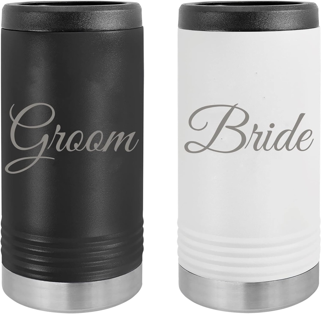Groom and Bride Can Cooler Stainless Steel Laser Engraved Insulated Slim Newlyweds Couples Wedding Hard Sided Beverage Holder Aluminum Can or Glass Bottle