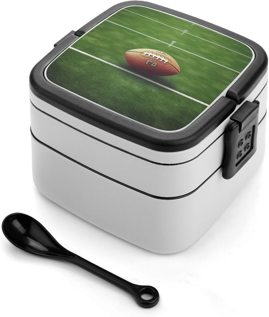 American Football Field Ball Sport Bento Box Adult Lunch Box All-in-One Lunch Containers with Removable Compartments Double Layer Bento Lunch Box with Spoon And Handle Stackable Lunchbox