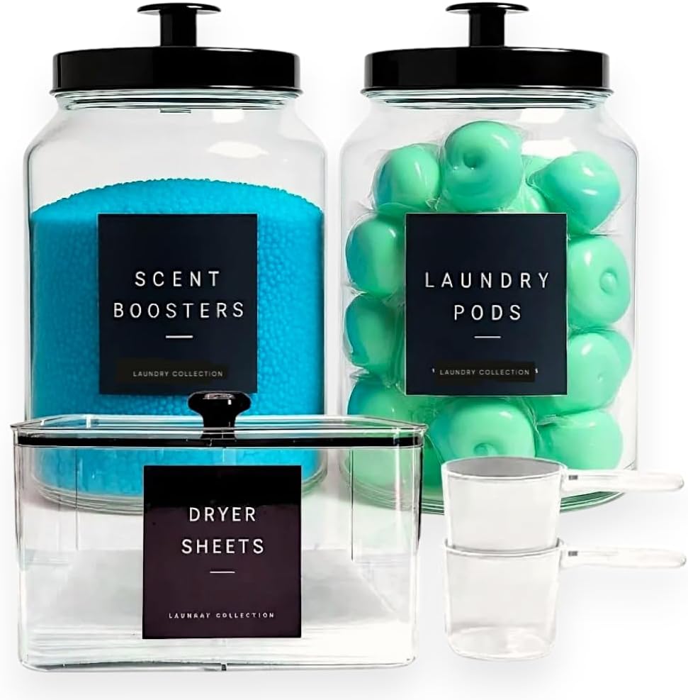 Glass Laundry Room Organization and Storage Set with Containers for Laundry Pods, Dryer Balls, Fabric Softener, Scent Booster Acrylic Dryer Sheet Holder 2 Large Glass Jars Labels and Scoops (3)