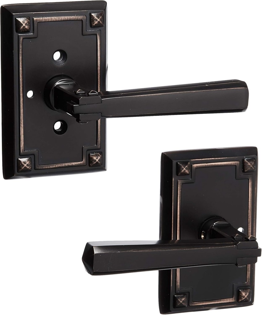 Craftsman Style Lever Door Set with Rectangular Rosettes Right Hand Privacy in Oil Rubbed Bronze. Door Hardware.