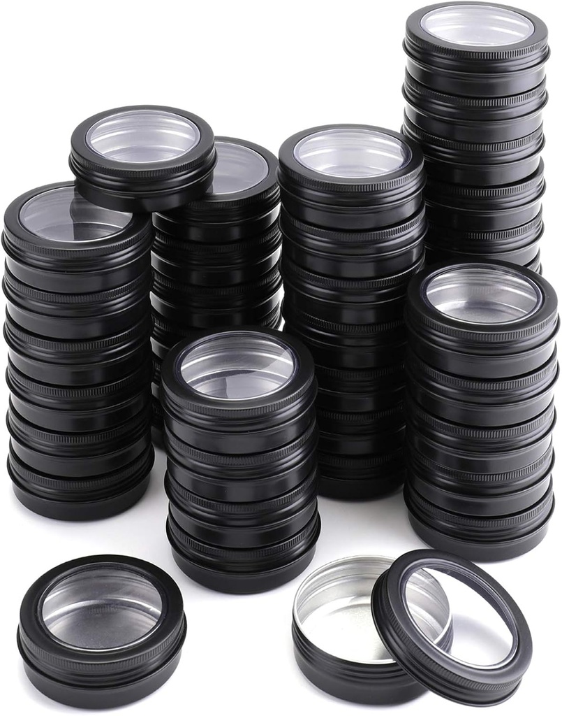 Foraineam 30 Pack 4 Ounce Round Tins Screw Lids Tin Cans with Clear Window Matte Black Metal Spice Containers Aluminum Travel Storage Jars for Kitchen, Office, Gifts, Candies