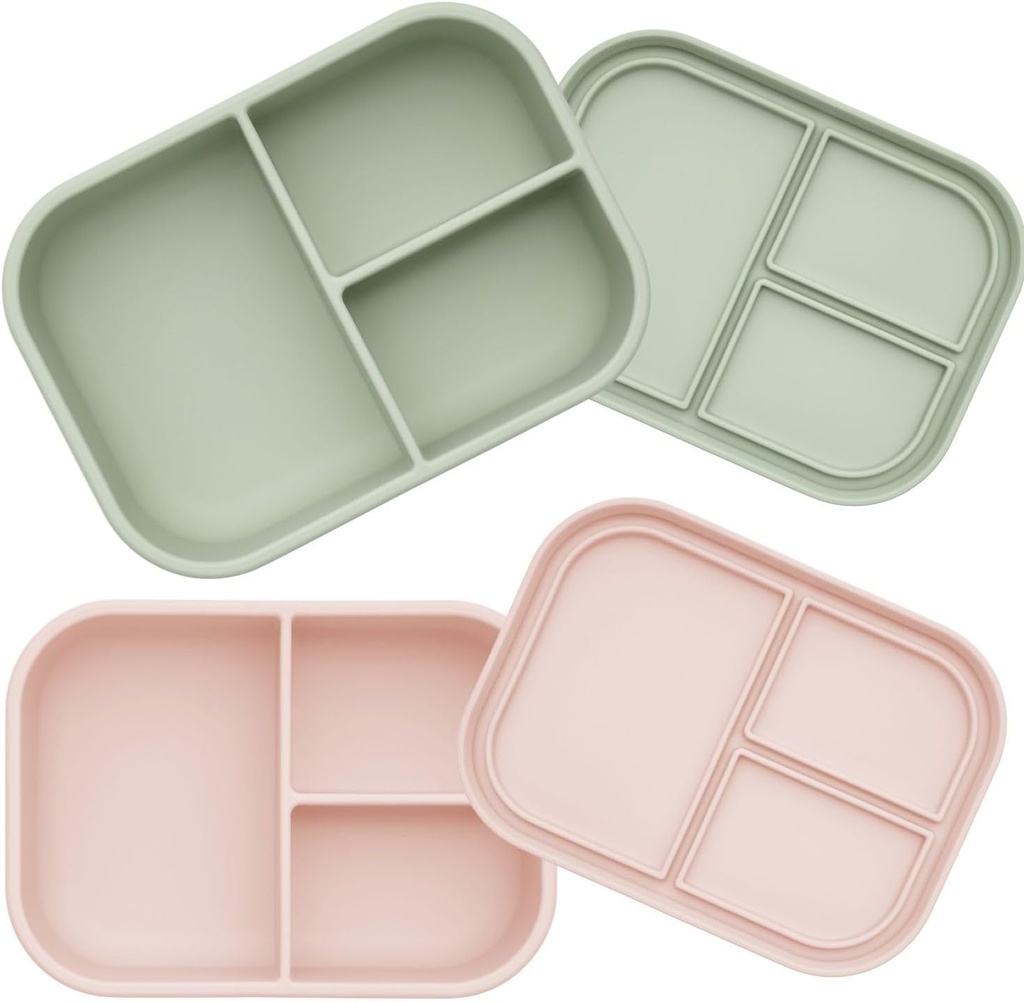 Ali+Oli Leak-Proof Bento Box Bundle (Pink & Green), BPA-Free, Food Grade Silicone, Perfect Lunch Boxes for Kids, Ideal for School, Travel, and Picnics