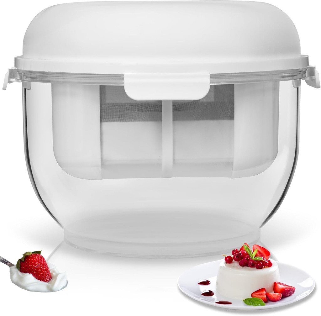 Yomate-Greek Yogurt Maker with Fine Mesh Strainer, Removable Pressure Plate, used as Storage Container with Lid–yogurt strainer also Perfect for Making Paneer, Kefir, Tofu, Cheese,and More.