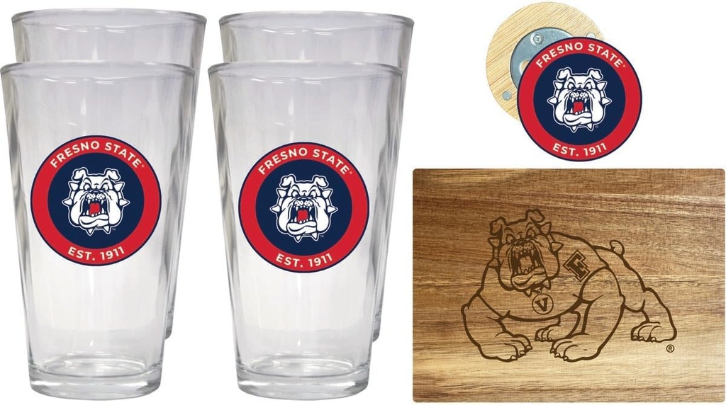R and R Imports Fresno State Bulldogs Officially Licensed Kitchen Pack - Wood Cutting Board, 4 Pint Glasses & Magnetic Bottle Opener