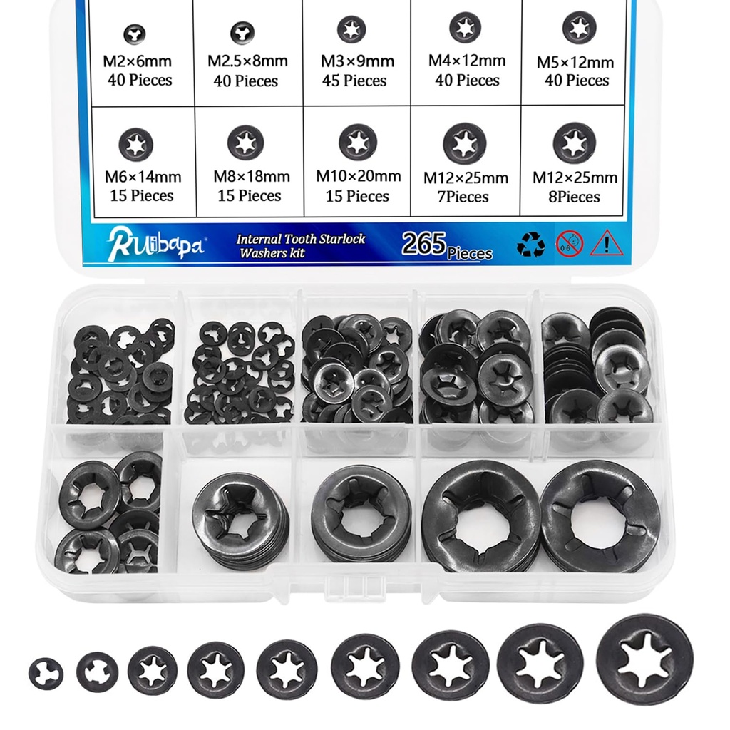 Ruipaba 265 PCS Internal Tooth Star Lock Washers 9 Size Push On Locking Washers Speed Clips Fasteners Assortment Kit