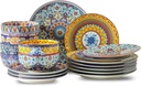 glowworm Dinnerware Sets for 6, 18 Pieces Plates and Bowls Set, Ceramic Dishes Set for 6, Oven, Microwave & Dishwasher Safe, Scratch Resistant, Bohemian