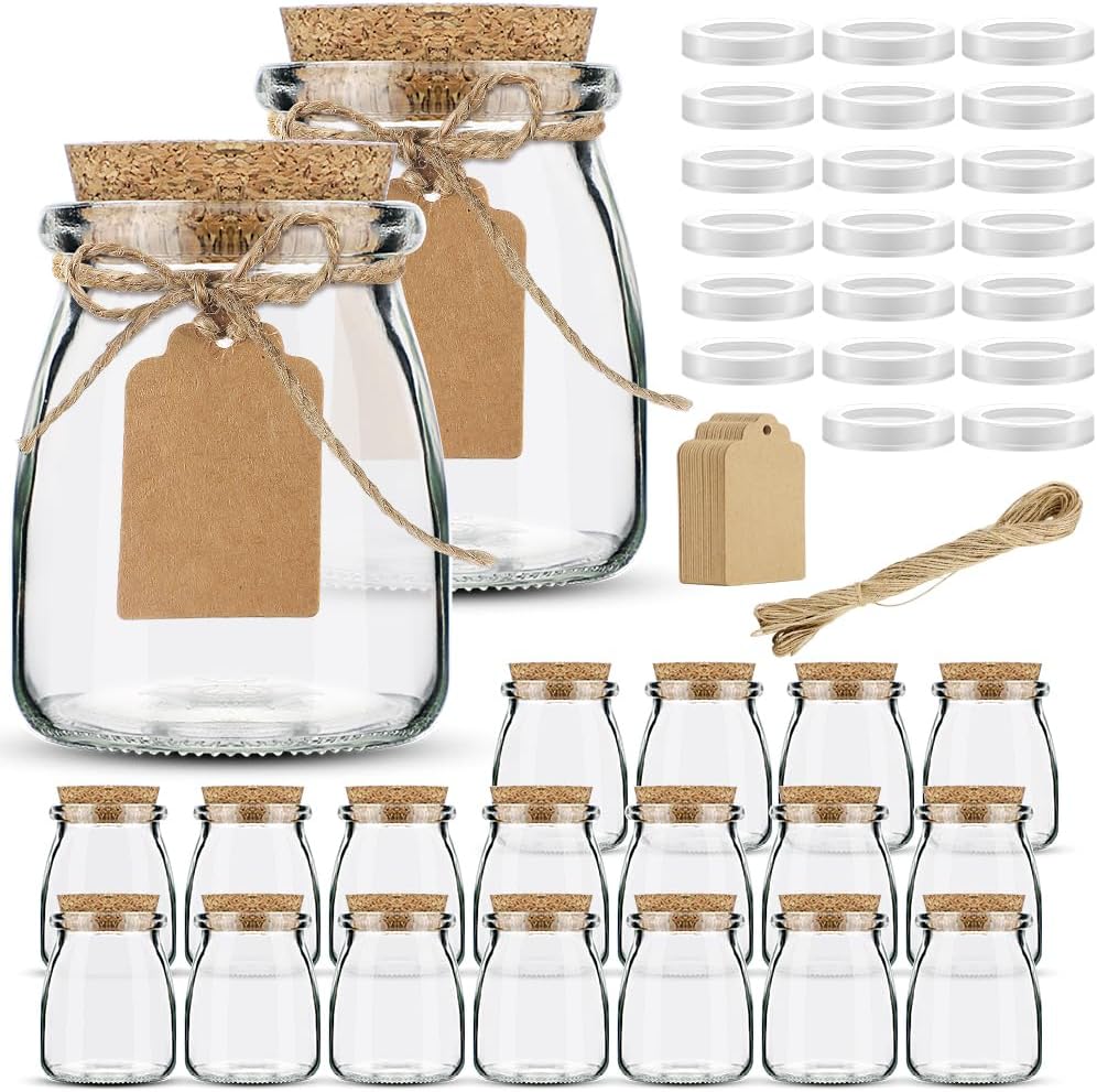 Folinstall 7oz Small Glass Jars with Cork Lids, 20 Pack Yogurt Container with PE Lids for Candy, Cake, Pudding, Yogurt, Jam, Empty Candle Jars for Candle Making, Extra Tags and String