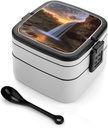 Adult Double-Layer Bento Box Waterfall at Sunset Portable Lunch Box with Spoon And Invisible Handle Leakproof Microwave-Safe Food Container for Work Travel Camping