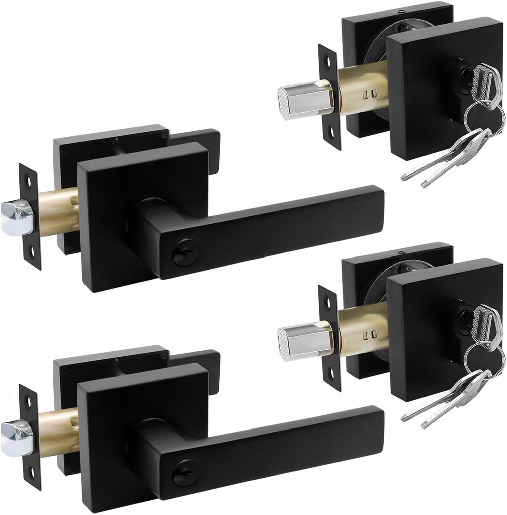 Karlstone 2 Pack Heavy Duty Black Door Handle Sets Front Door Lock Set Black Lever and Single Keyed Square Deadbolt Combination Set, Matte Black(Keyed Alike)