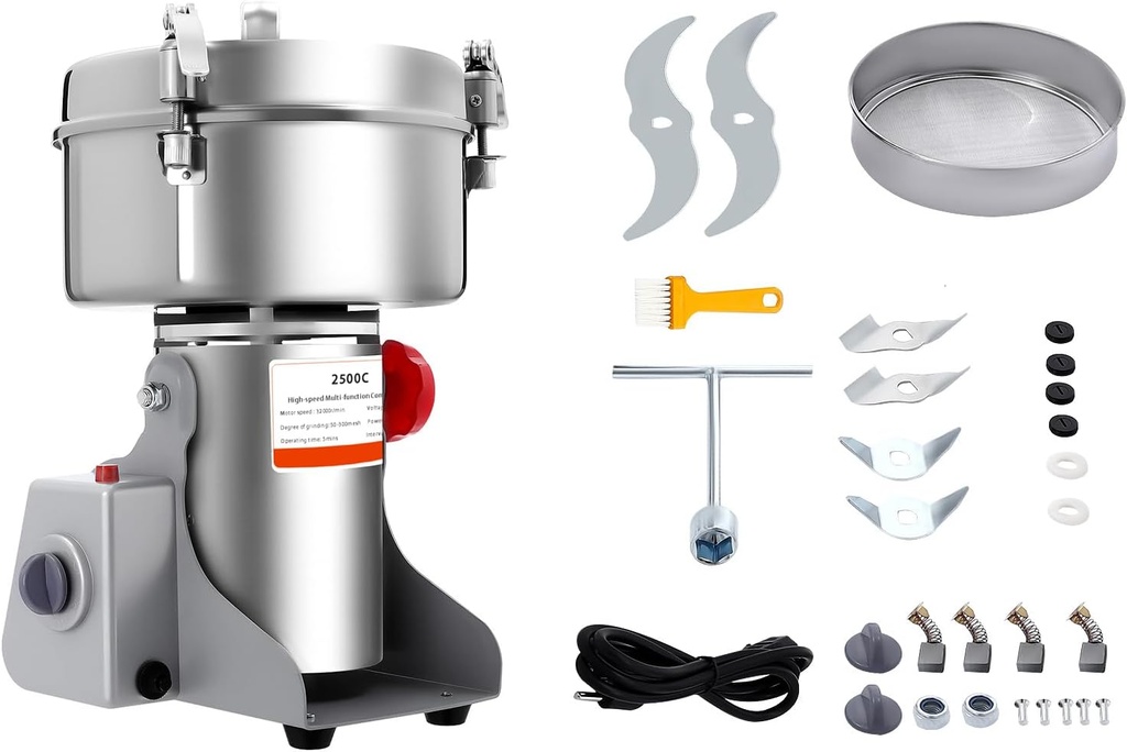 4500W Heavy-Duty Grain Grinder, 2500g Large Capacity Commercial Powder Machine - Stainless Steel Dry Food Mill for Grinding Grains, Herbs, Spices & Coffee Beans with Timing Function