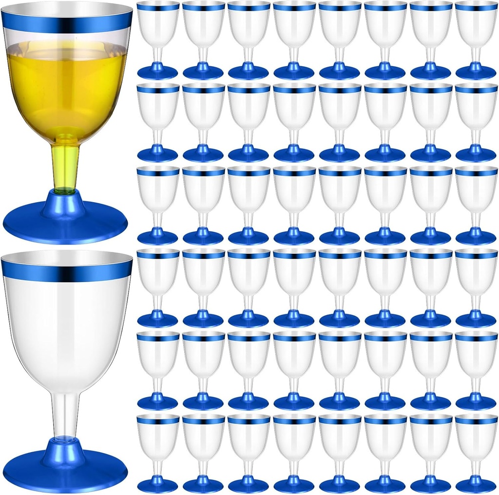 100 Pcs Blue Rimmed Cups Plastic Wine Glasses Disposable Champagne Flutes 6 oz Wine Cups Clear Toasting Glasses Mini Stemware for Wedding Bridal Shower Bachelorette Party