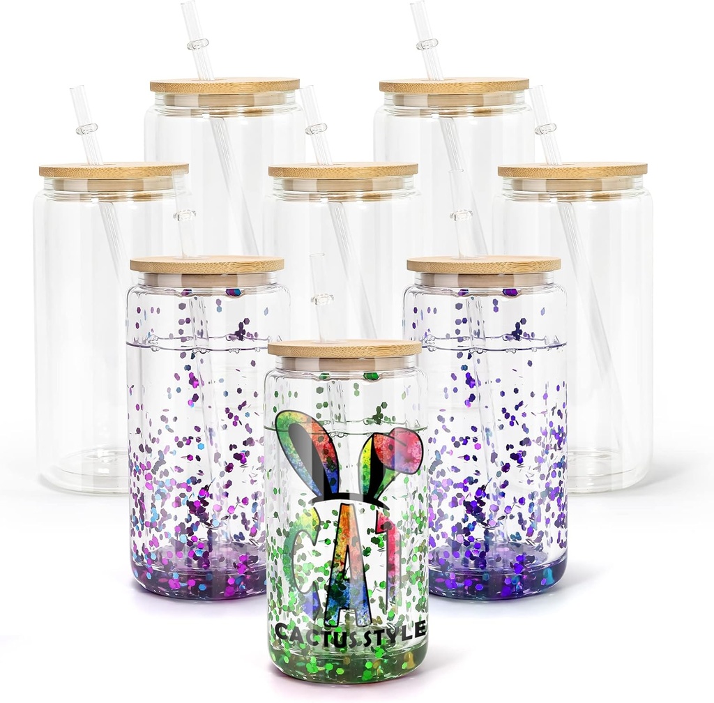 AGH 16OZ Snow Globe Glass Tumbler,8 Pack Sublimation Glass with Bamboo Lids and Straws, Double Wall Sublimation Beer Can Glasses Can Shaped Tumblers with Pre Drilled Hole for DIY
