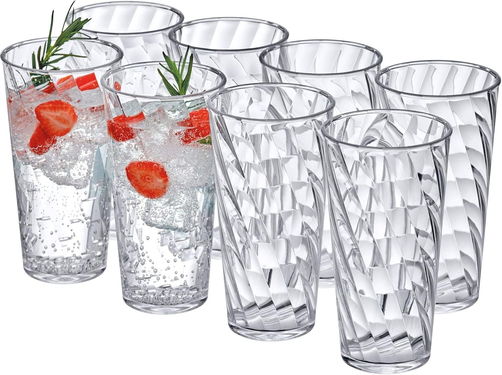 Amazing Abby - Glacier - 18-Ounce Plastic Tumblers (Set of 8), All-Clear Reusable Plastic Cups, Stackable, BPA-Free, Shatter-Proof, Dishwasher-Safe