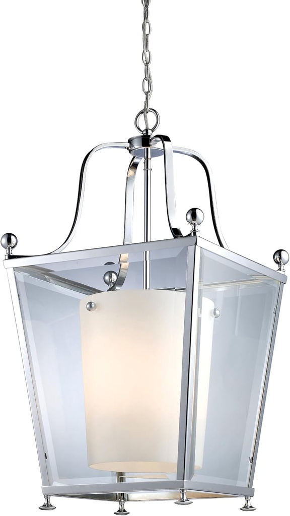 Z-Lite 178-4 Ashbury 4 Light Pendant, Metal Frame, Chrome Finish and Clear Beveled Outside Glass and Matte Opal Inside Glass Shade of Glass Material