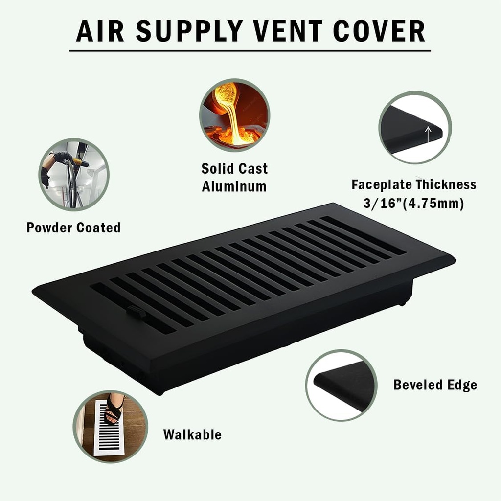 Sleek 4"x10" Duct (5-1/2"x11-3/4" Overall Size) Solid Cast Aluminum HVAC Air Supply Grill for Floor-White Without Screw Holes with Detachable Steel Louver | Powder Coated