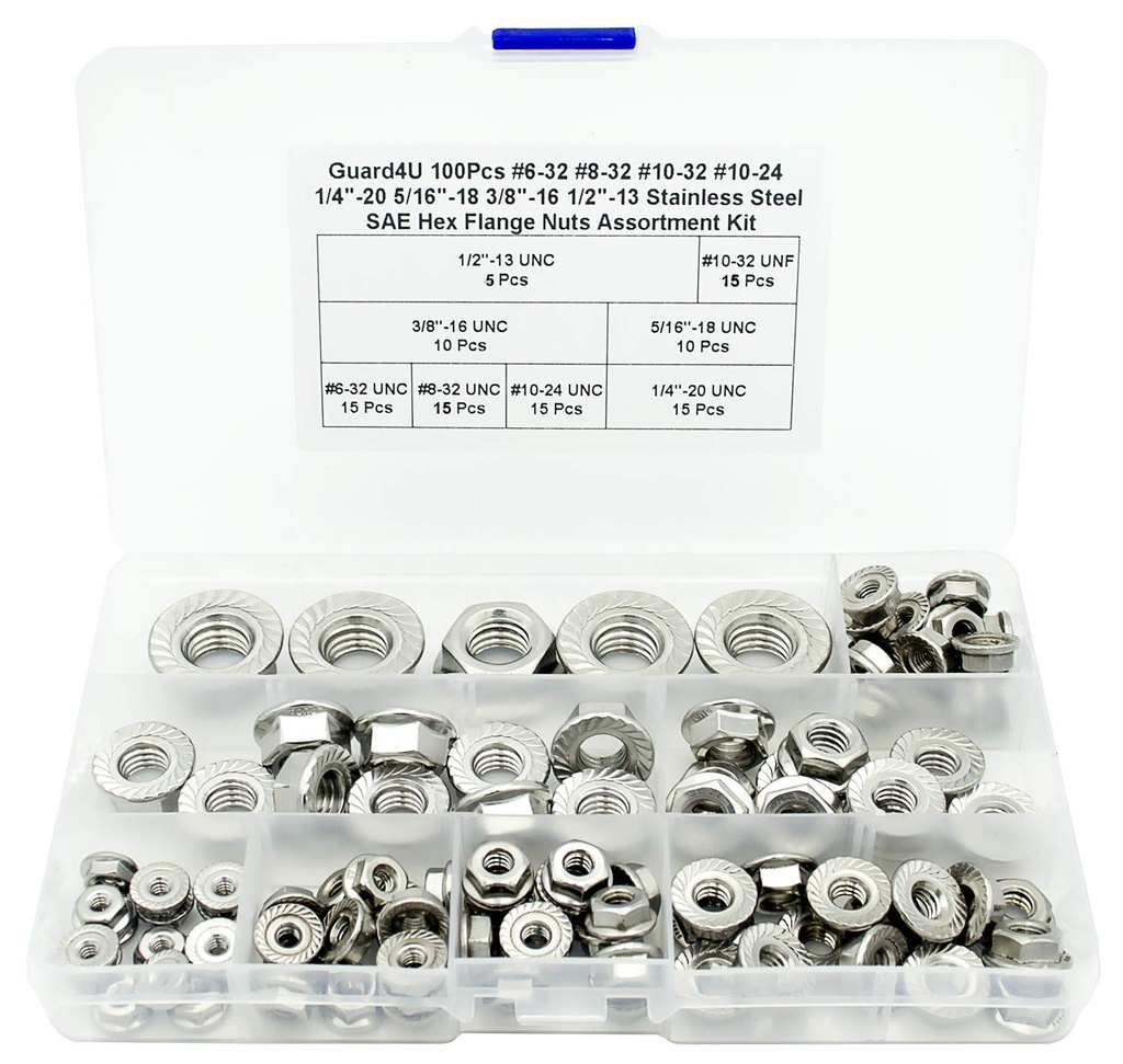 100Pcs 8-Sizes SAE Hex Flange Nuts Assortment Kit,#6-32#8-32#10-32#10-24 1/4"-20 5/16"-18 3/8"-16 1/2"-13 304-Stainless Steel Hexagon Flange Lock Nuts