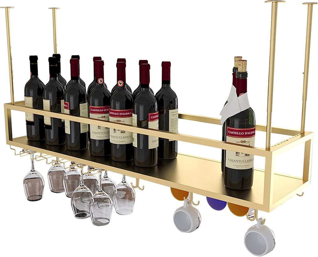 LASEVE Wine Rack, Hanging Wine Rack Gold Champagne Stemware Glass Holder | Bar Wine Cellar Kitchen Counter Metal Wine Floating Holder Storage Display Shelves (Size : 120x25x21cm)
