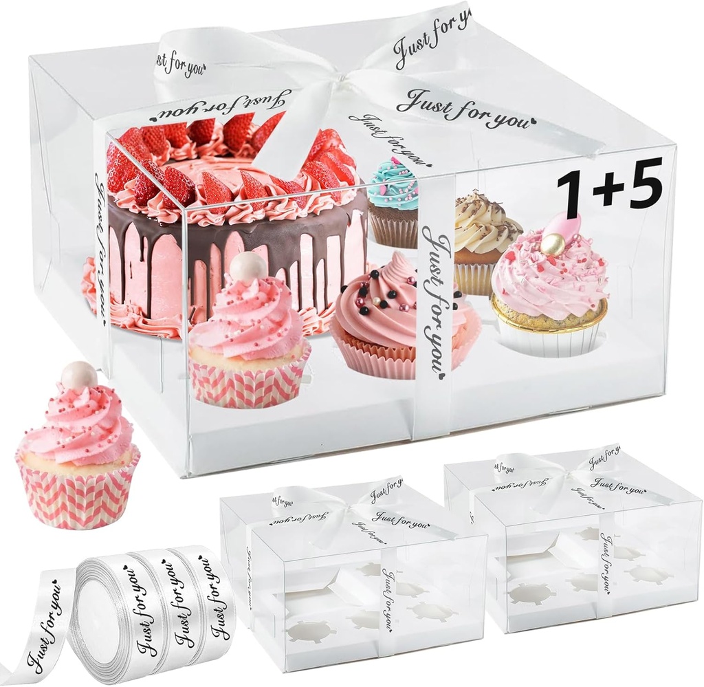 3 Pack Bento Cake and Cupcakes Box with Gift Ribbon, Clear Window 1+5 Combination Bento Boxes, 6 Holes Fit 5 Cupcake Containers and 1 Mini Cake(4-5in) for Birthday Party Baking Supplies