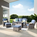 ovios 6 Pieces Patio Furniture Set with 42" Fire Pit Table, Outdoor Wicker Sofa with Ottomans, Comfy Cushions, High Back Couch Conversation Set, Grey Rattan, Denim Blue