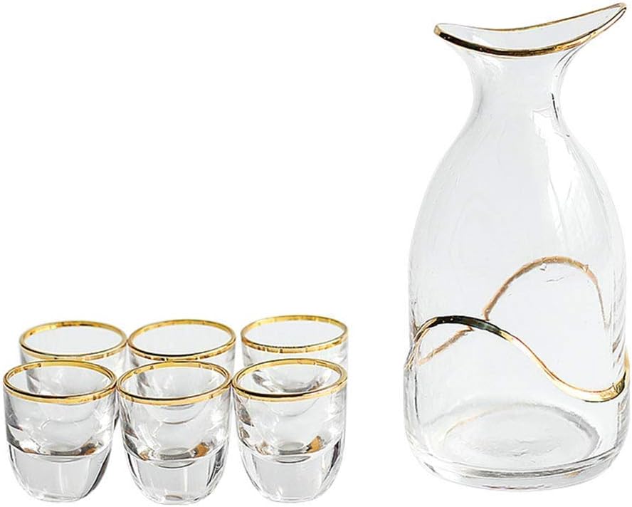 7 Piece Glass Sake Set, Japanese Style Wine Glasses Set, Golden Edge Crafts Cups, Include 1 Bottle and 6 Cups, for Cold/Warm/Hot Sake/Shochu/Tea-Dinnerware Sets