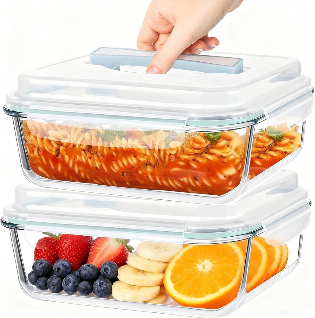 2Pack 2.26L/ 76.4oz/ 9.5cup Large Glass Storage Containers with Snap Airtight Lids and Handle for Baking Casseroles Food Storage Meal Prep Fruits Thanksgiving Halloween Meals