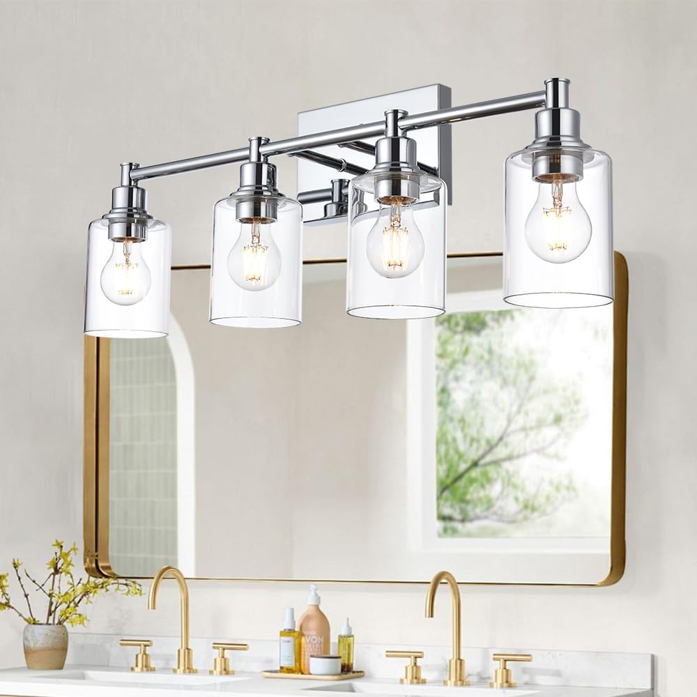 4 Lights Bathroom Vanity Lights Modern Chrome Wall Lighting Sconces with Clear Glass Shades Industrial Vanity Light Fixtures for Kitchen