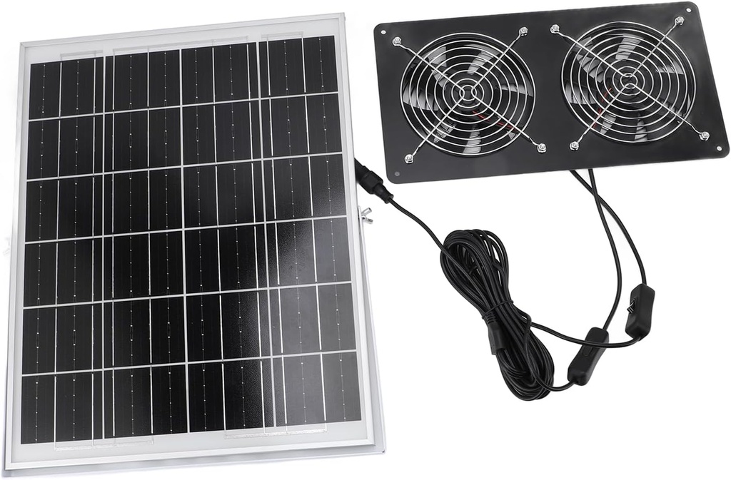 LIANGLIDE Solar Powered Vent Fan, 30W Dual Fan Kit with Tempered Glass, Aluminum Frame, Ventilation for Outdoor Pet House Shed, Automatic Operation, ABS Construction