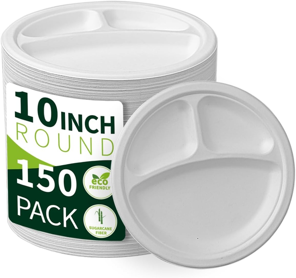 10 Inch 3 Compartment Paper Plates 【White 150 Pack】, Compostable Divided Plates, 100% Sugarcane Bagasse, Heavy Duty Disposable Plates for Party, BBQ, Picnic, Catering