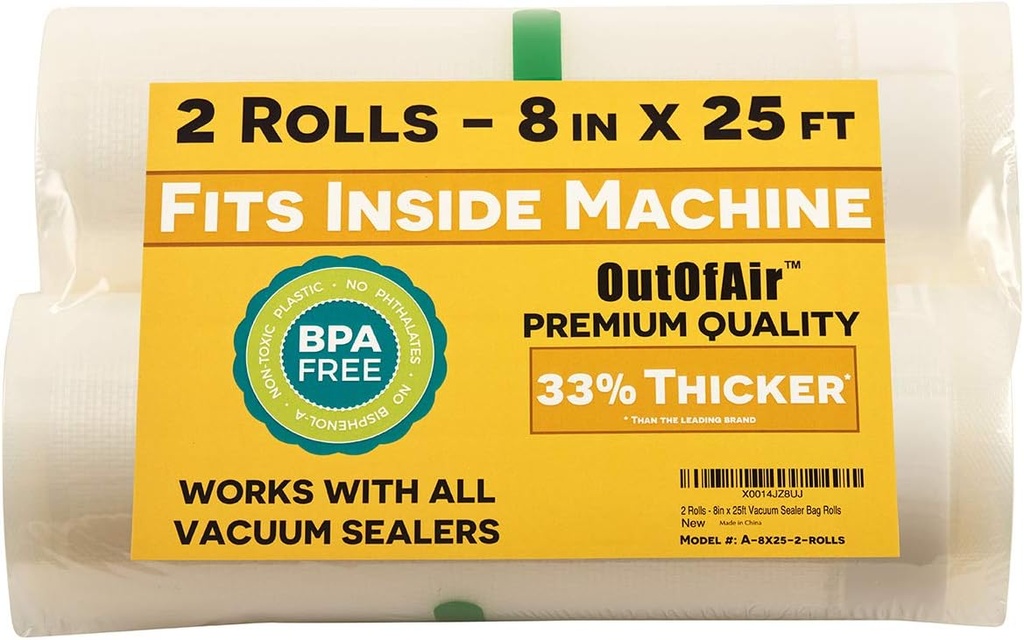 8" x 25' Rolls (Fits Inside Machine) - Pack of 2 (50 feet total) - OutOfAir Vacuum Sealer Rolls. Works with FoodSaver Vacuum Sealers. 33% Thicker, BPA Free, Sous Vide, Commercial Grade